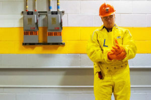 A nuclear employee in protective gear