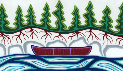 “Ode to the Canoe” by Patrick Hunter, a two-spirit Ojibwe painter, graphic designer and entrepreneur from Red Lake, ON.